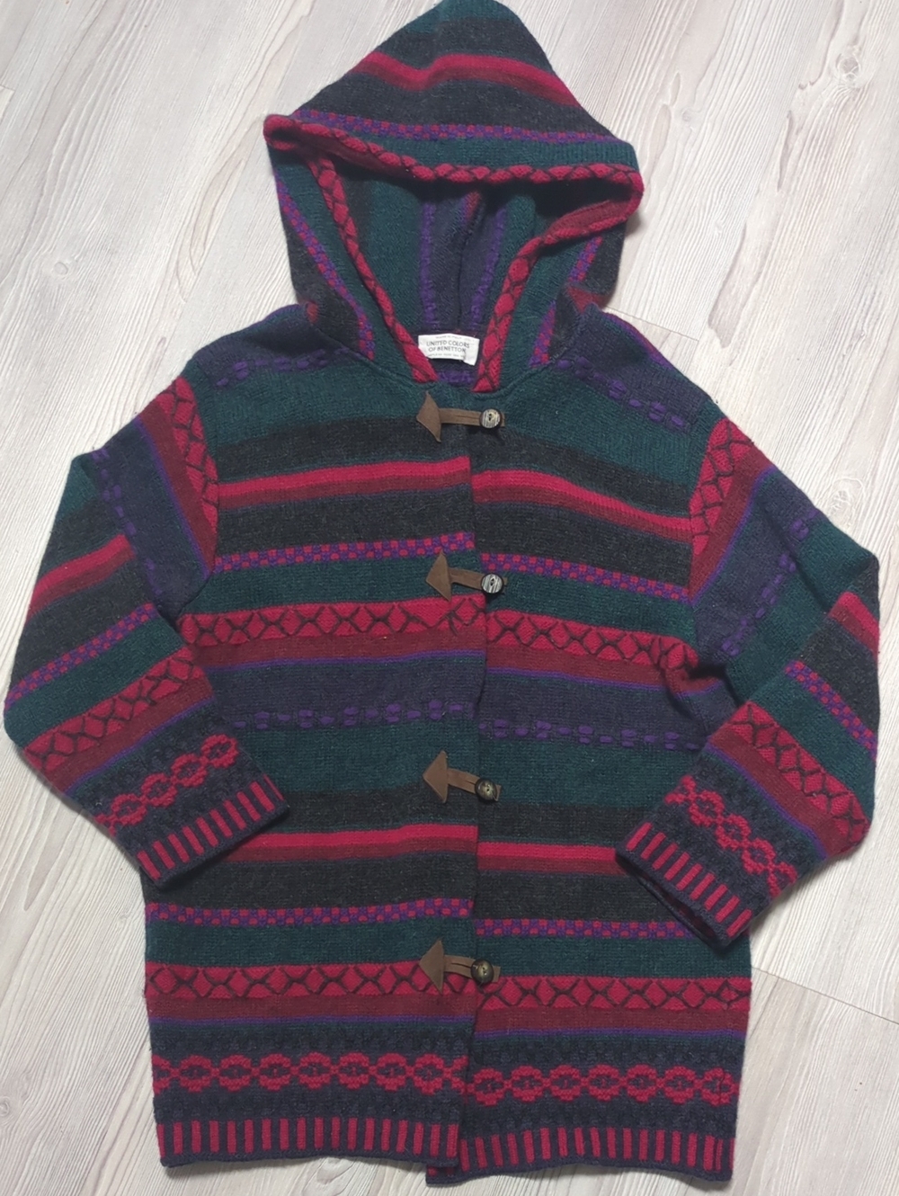 Vintage Benetton 100% Shetland Wool Hooded Cardigan Made Italy S